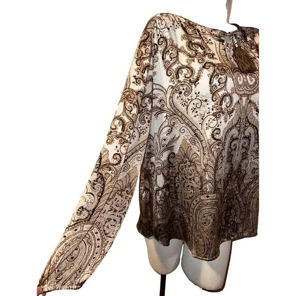 Chicos Women Brown Cream Paisley Tassel Tie Split Neck Blouse Top Size (3) XL - Picture 3 of 9